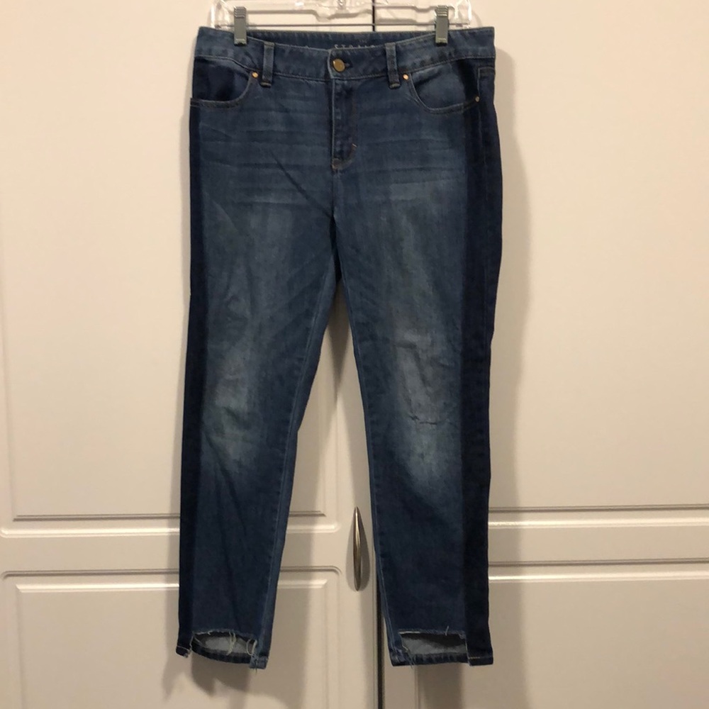 White Black jeans Women's 6 cut raw hem darker stripe on sides straight EUC